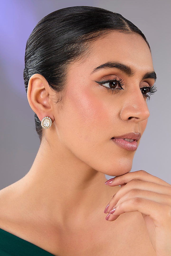 Gold Finish Green Kundan Polki & Pearl Stud Earrings by Auraa Trends at Pernia's Pop Up Shop