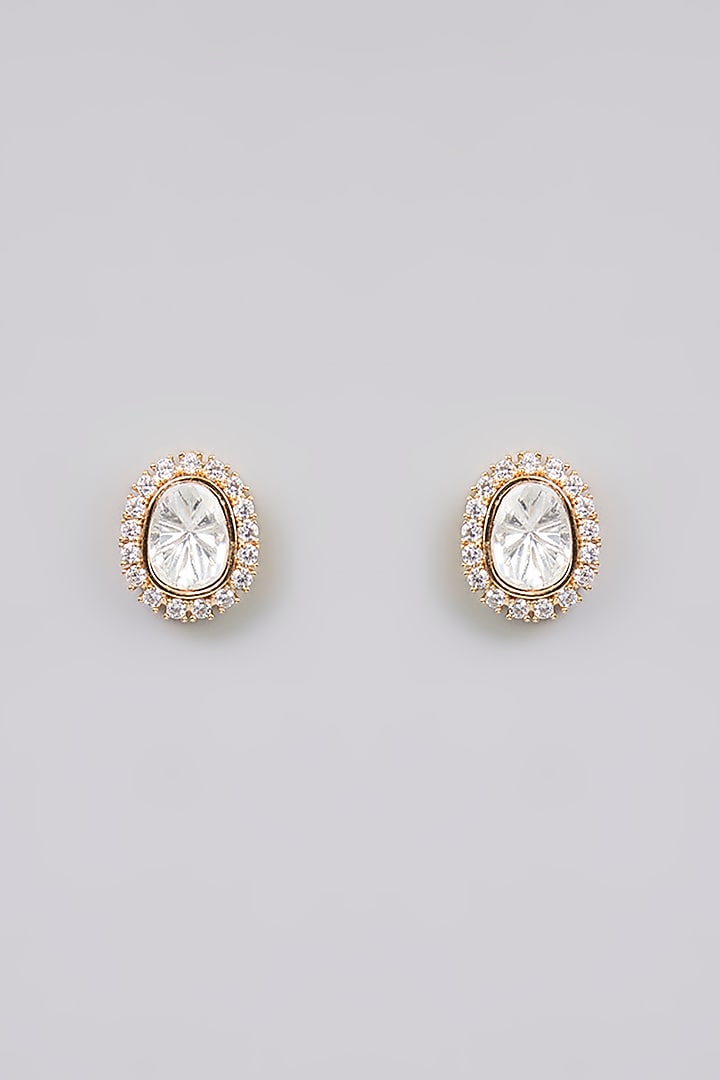 Gold Finish Green Kundan Polki & Pearl Stud Earrings by Aura Trends at Pernia's Pop Up Shop