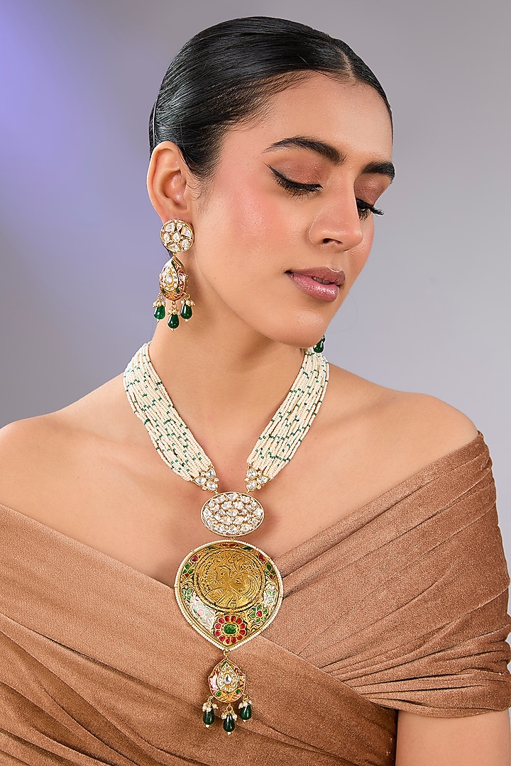 Gold Finish Kundan Polki Necklace Set by Aura Trends at Pernia's Pop Up Shop