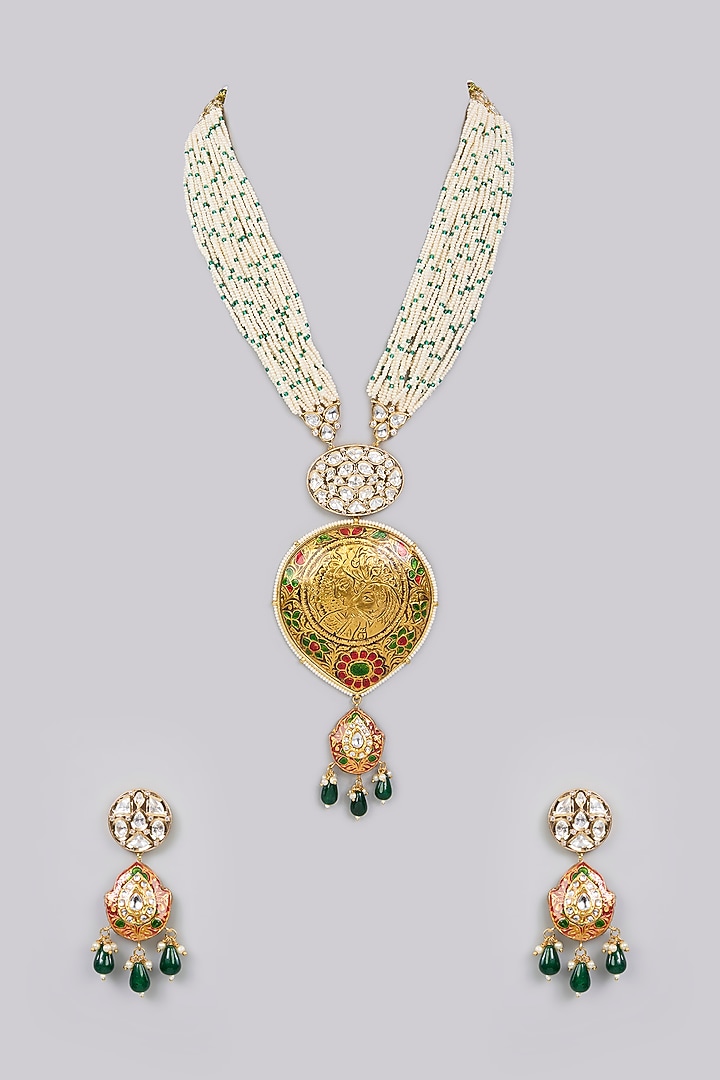 Gold Finish Kundan Polki Necklace Set by Aura Trends at Pernia's Pop Up Shop