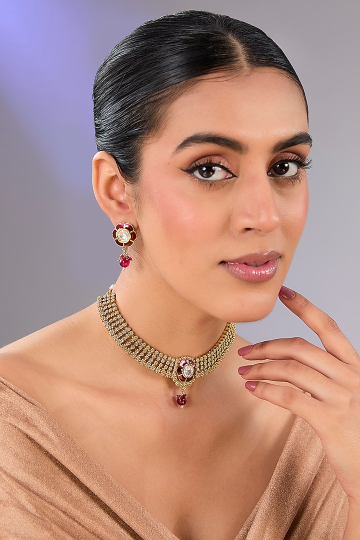 Gold Finish Kundan Polki Choker Necklace Set by Aura Trends at Pernia's Pop Up Shop