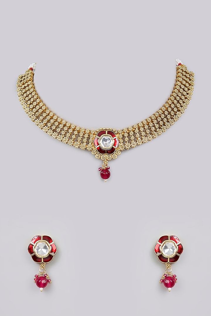 Gold Finish Kundan Polki Choker Necklace Set by Aura Trends at Pernia's Pop Up Shop