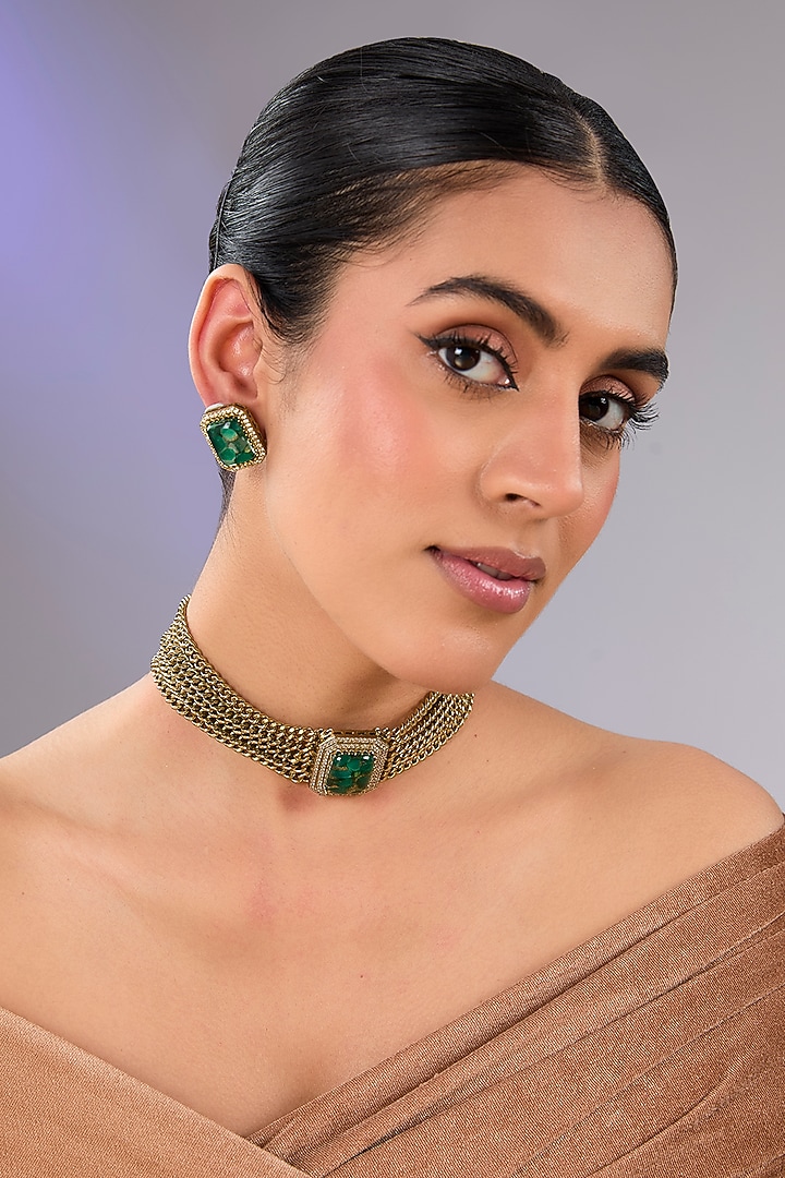 Gold Finish Green Pearl Choker Necklace Set by Aura Trends at Pernia's Pop Up Shop
