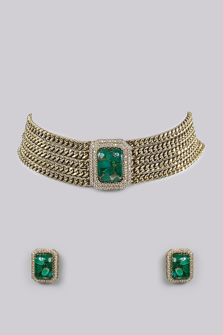 Gold Finish Green Pearl Choker Necklace Set by Aura Trends at Pernia's Pop Up Shop
