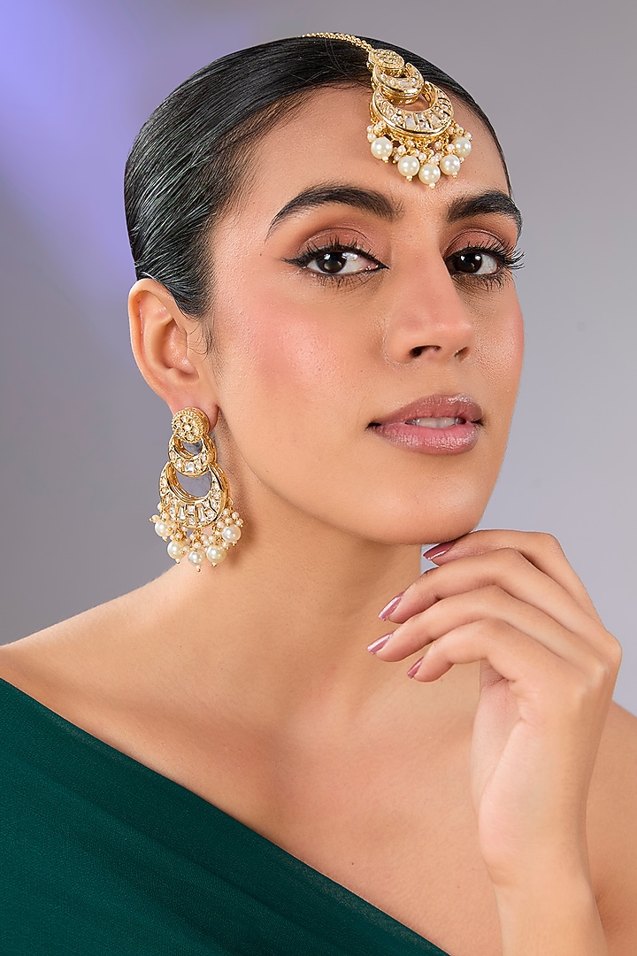Gold Finish Pearl Earrings With Maangtikka by Auraa Trends at Pernia's Pop Up Shop