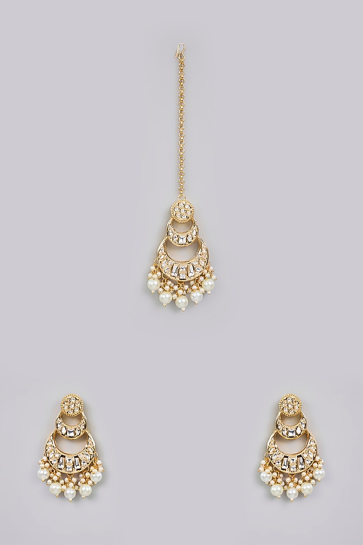 Gold Finish Pearl Earrings With Maangtikka by Aura Trends at Pernia's Pop Up Shop