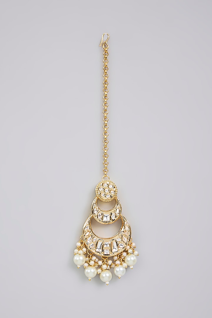 Gold Finish Pearl Earrings With Maangtikka by Aura Trends at Pernia's Pop Up Shop