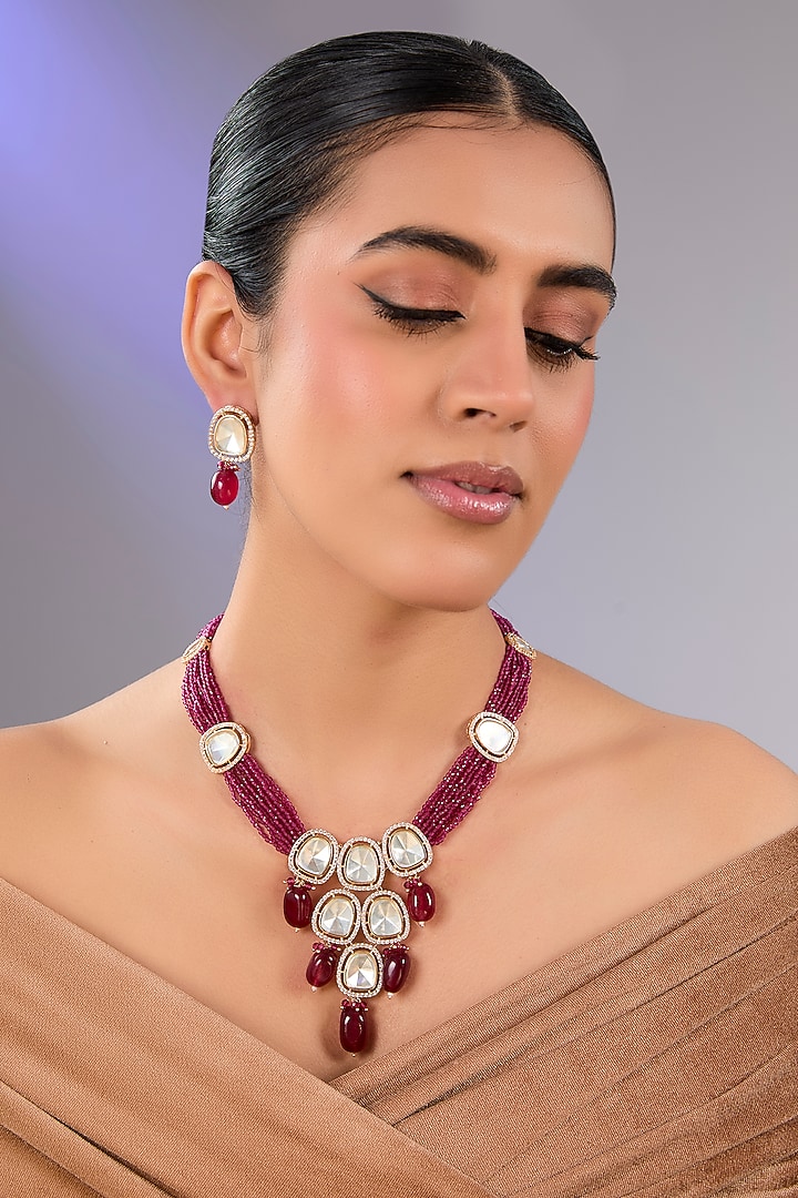 Gold Finish Maroon Pearl Necklace Set by Aura Trends at Pernia's Pop Up Shop