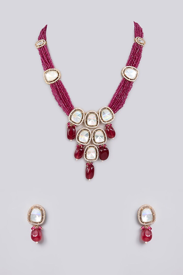 Gold Finish Maroon Pearl Necklace Set by Aura Trends at Pernia's Pop Up Shop