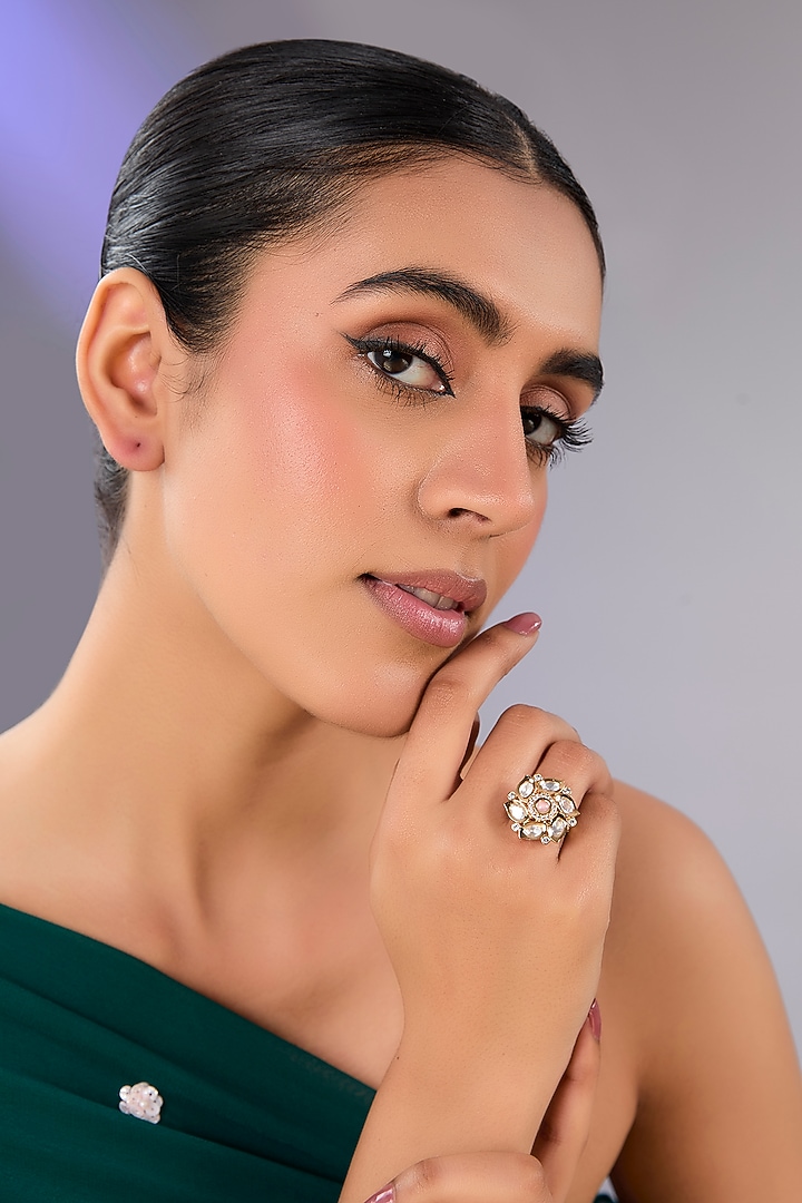 Gold Finish Pearl Beaded Ring by Auraa Trends at Pernia's Pop Up Shop