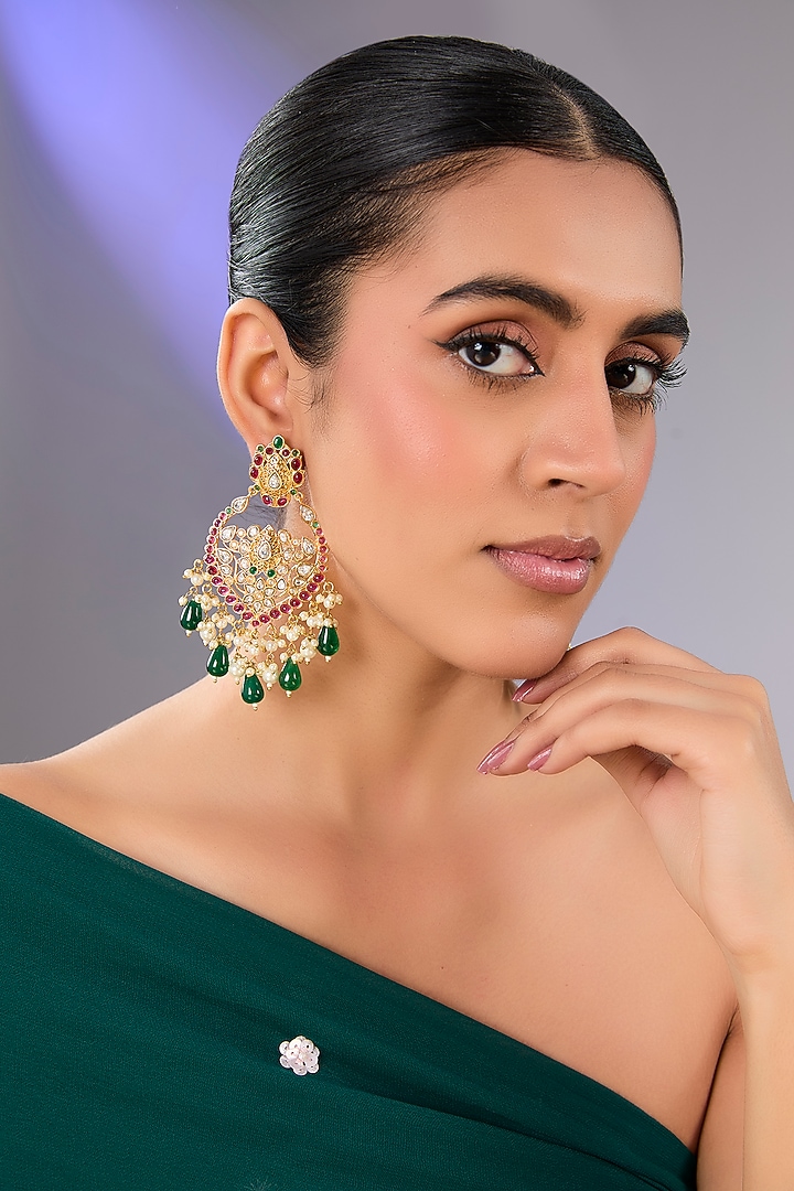 Gold Finish Green Stone & Kundan Polki Earrings by Auraa Trends at Pernia's Pop Up Shop