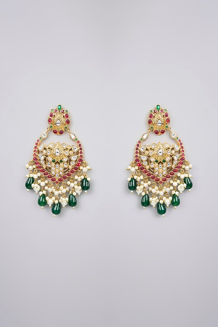 Gold Finish Green Stone & Kundan Polki Earrings by Aura Trends at Pernia's Pop Up Shop