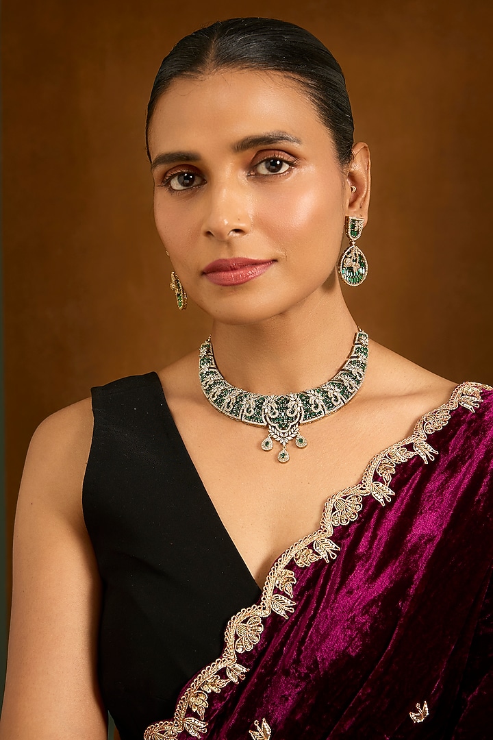 Gold Finish Emerald Green Stone & Cubic Zirconia Choker Necklace Set by Aura Trends at Pernia's Pop Up Shop