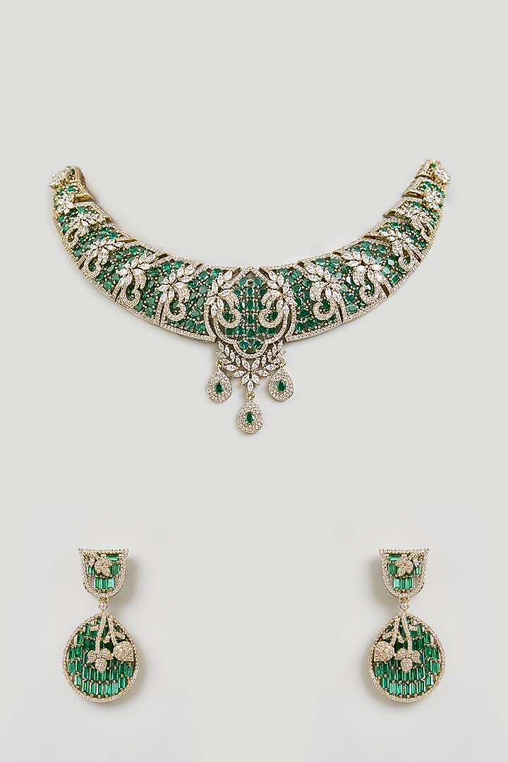 Gold Finish Emerald Green Stone & Cubic Zirconia Choker Necklace Set by Aura Trends at Pernia's Pop Up Shop