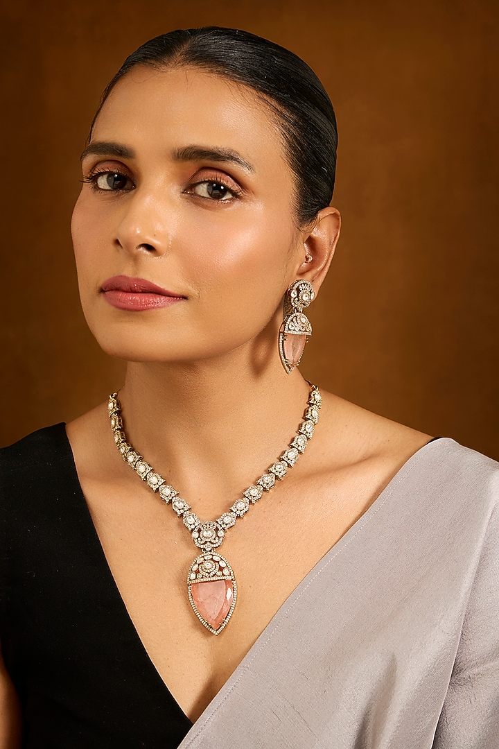 Gold Finish Pink Gemstone & Crystal Pendant Necklace Set by Auraa Trends at Pernia's Pop Up Shop