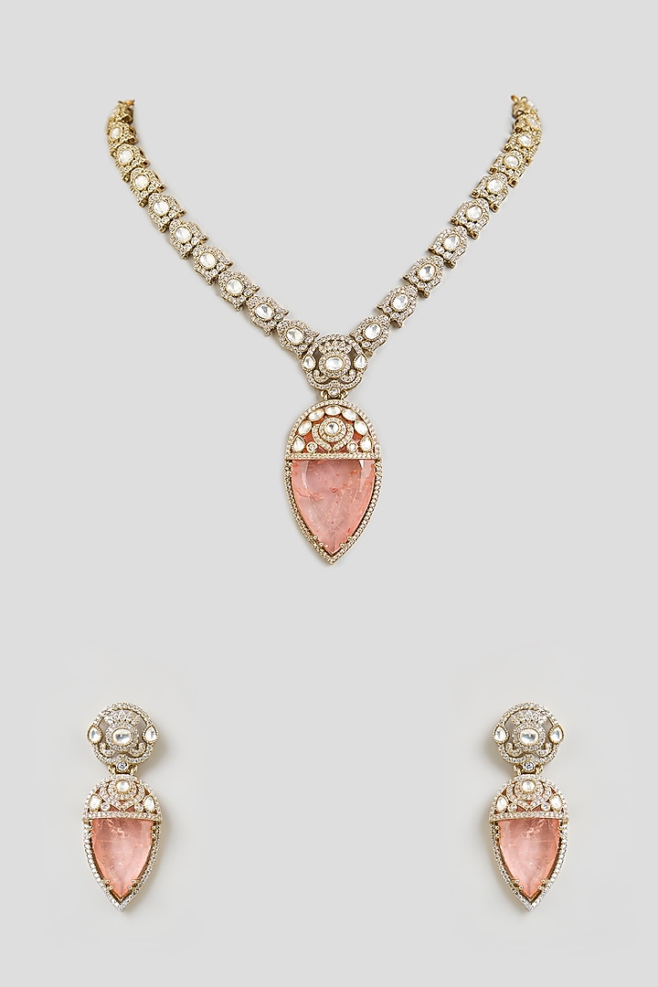 Gold Finish Pink Gemstone & Crystal Pendant Necklace Set by Aura Trends at Pernia's Pop Up Shop