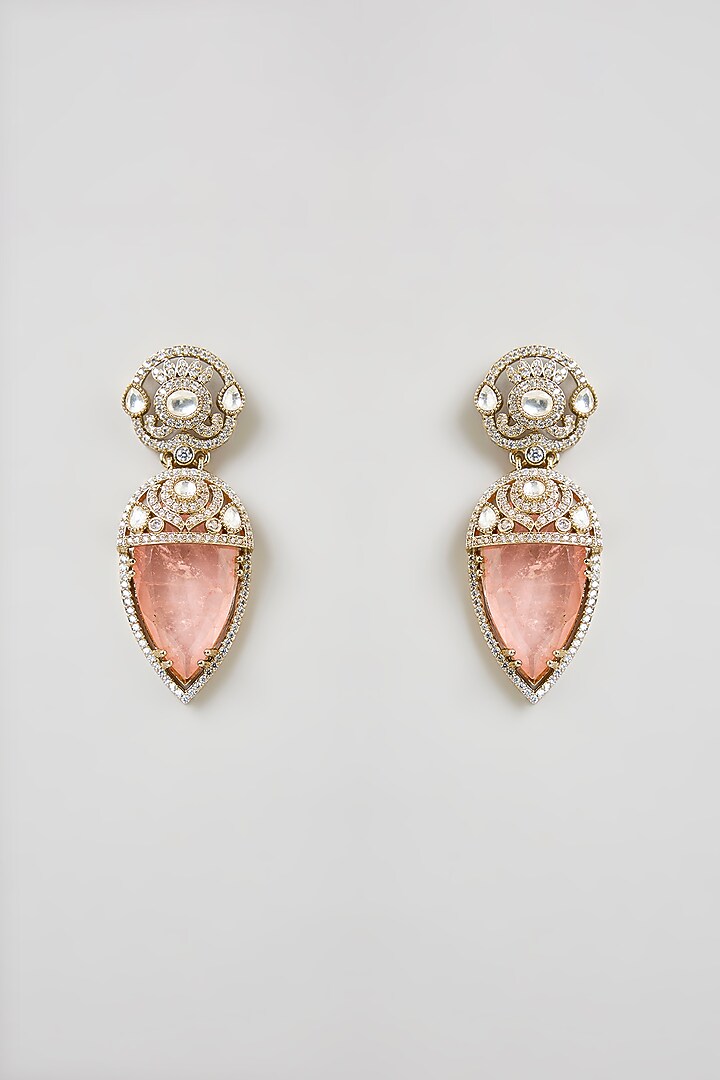 Gold Finish Pink Gemstone & Crystal Pendant Necklace Set by Aura Trends at Pernia's Pop Up Shop