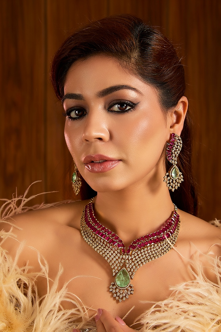 Gold Finish Emerald Green Cubic Zirconia Choker Necklace Set by Auraa Trends at Pernia's Pop Up Shop