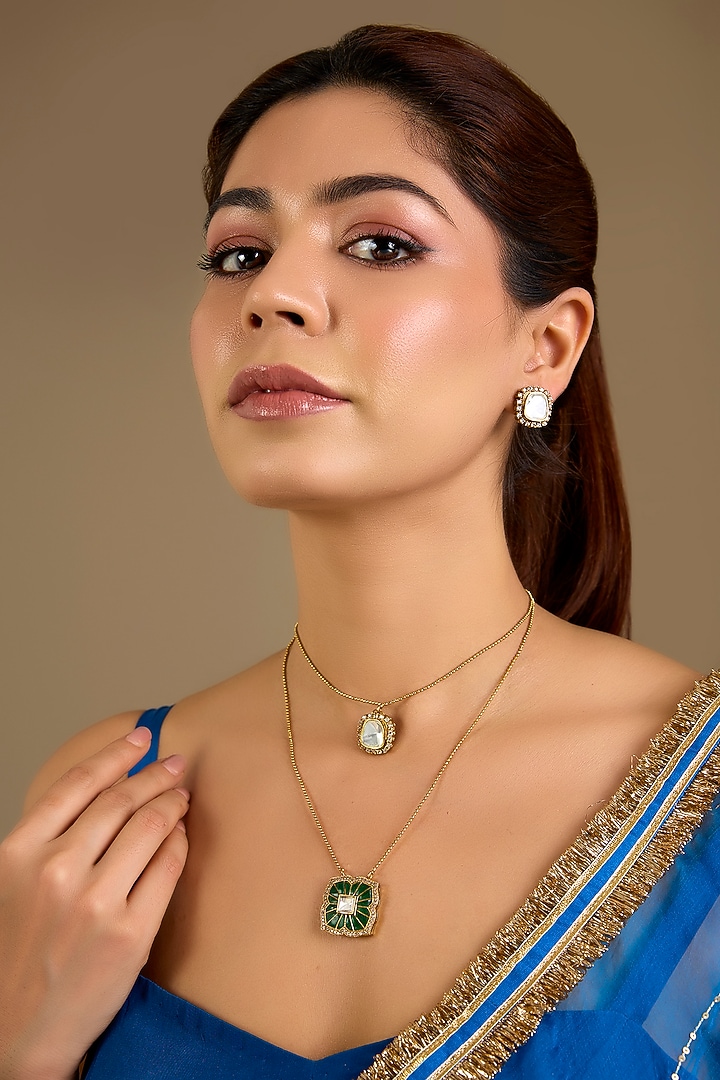 Gold Finish Green Kundan Polki Pendant Necklace Set by Auraa Trends at Pernia's Pop Up Shop