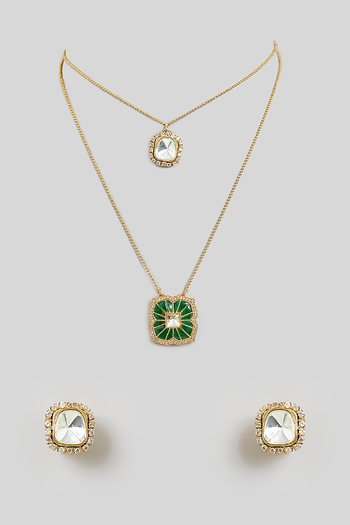 Gold Finish Green Kundan Polki Pendant Necklace Set by Aura Trends at Pernia's Pop Up Shop