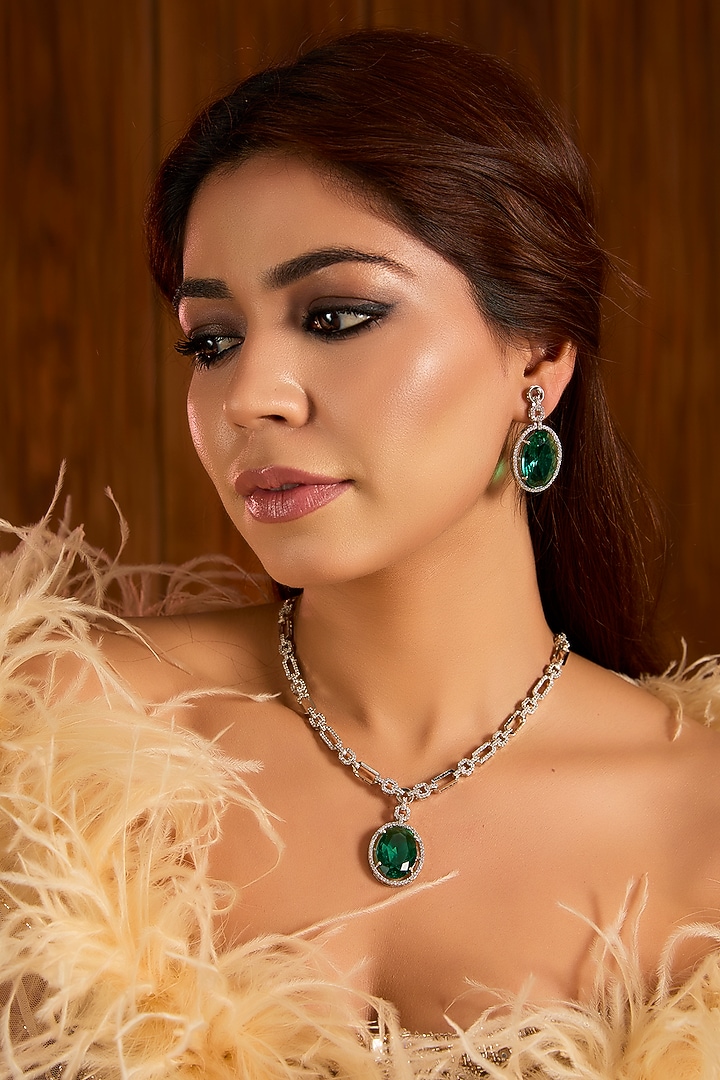 Gold Finish Cubic Zirconia Pendant Necklace Set by Auraa Trends at Pernia's Pop Up Shop