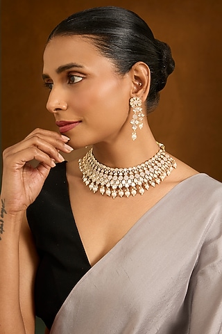 Gold Finish Pearl Choker Necklace Set by Aura Trends