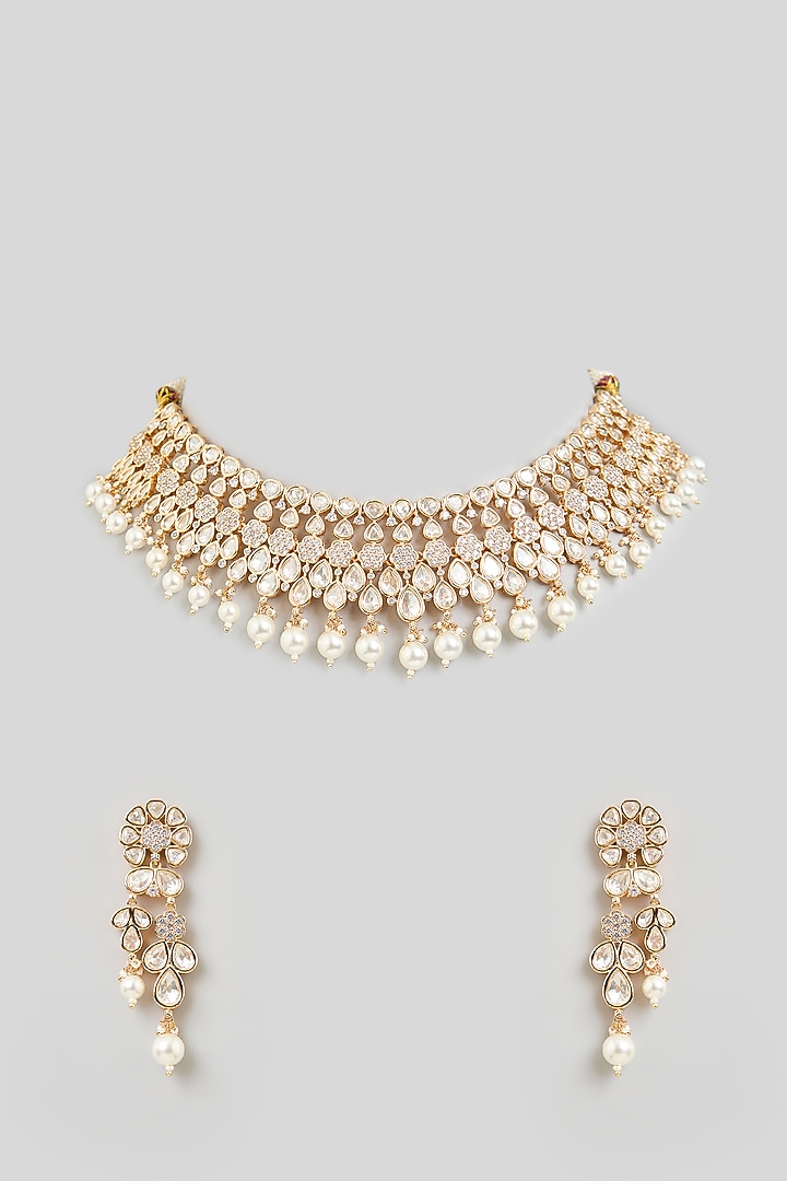 Gold Finish Pearl Choker Necklace Set by Aura Trends at Pernia's Pop Up Shop