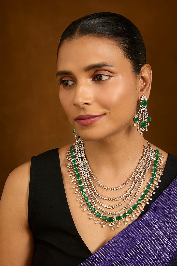 Gold Finish Green Cubic Zirconia Necklace Set by Auraa Trends at Pernia's Pop Up Shop