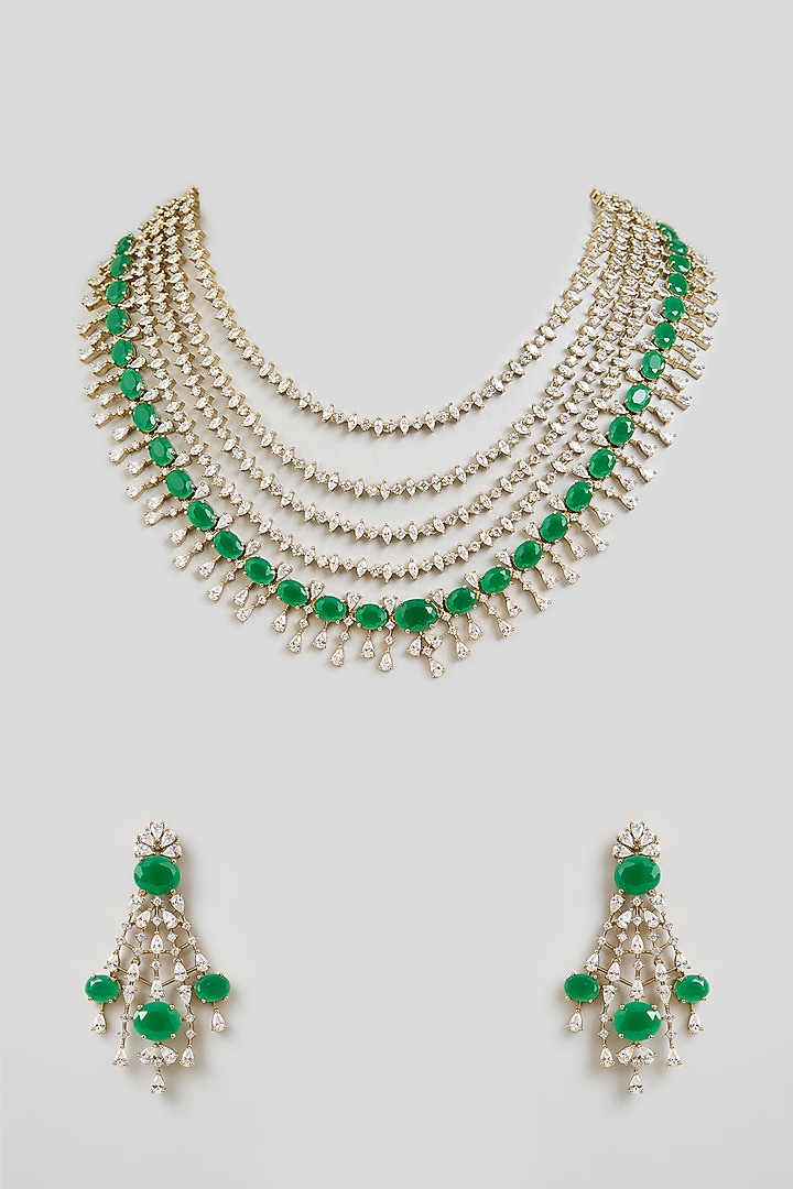 Gold Finish Green Cubic Zirconia Necklace Set by Aura Trends at Pernia's Pop Up Shop