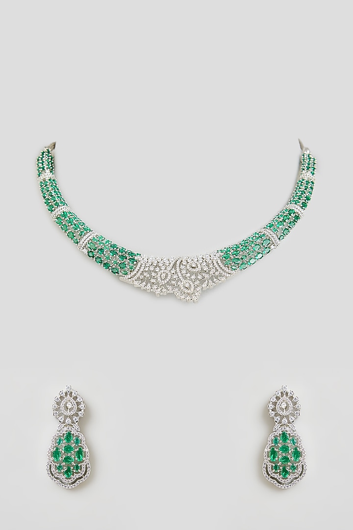 Gold Finish Green Cubic Zirconia Necklace Set by Aura Trends at Pernia's Pop Up Shop