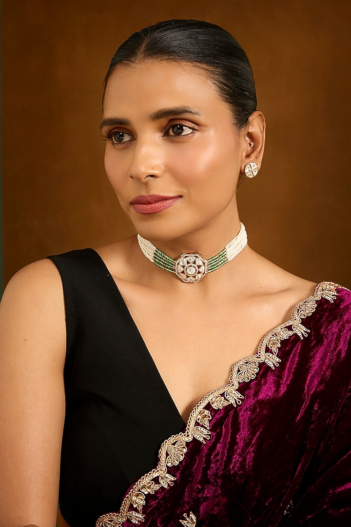 Gold Finish Pearl & Zircon Choker Necklace Set by Auraa Trends at Pernia's Pop Up Shop