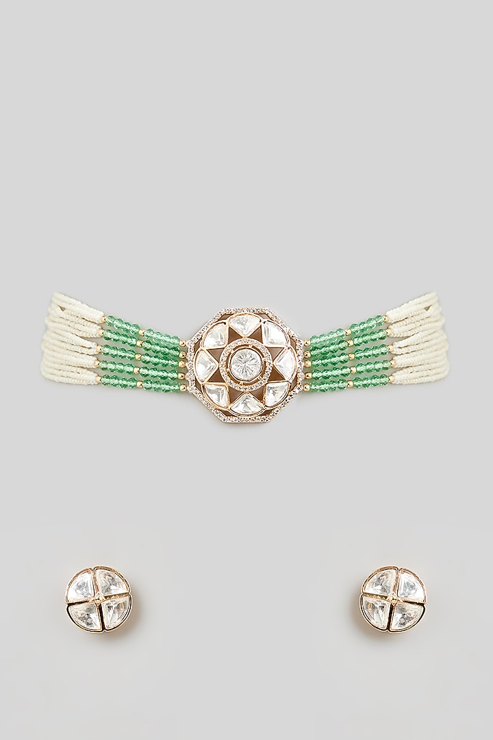 Gold Finish Pearl & Zircon Choker Necklace Set by Aura Trends at Pernia's Pop Up Shop