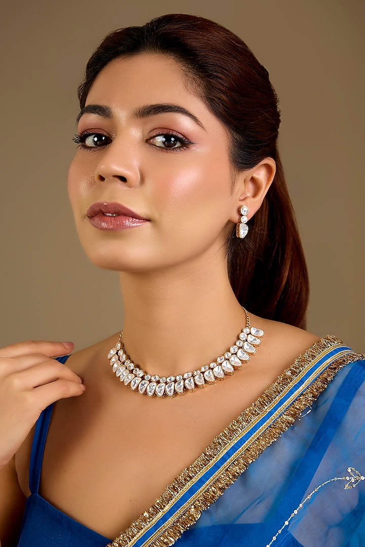 Gold Finish White Kundan Polki Choker Necklace Set by Aura Trends at Pernia's Pop Up Shop