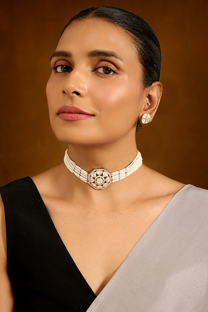 Gold Finish Pearl & Zircon Choker Necklace Set by Auraa Trends at Pernia's Pop Up Shop