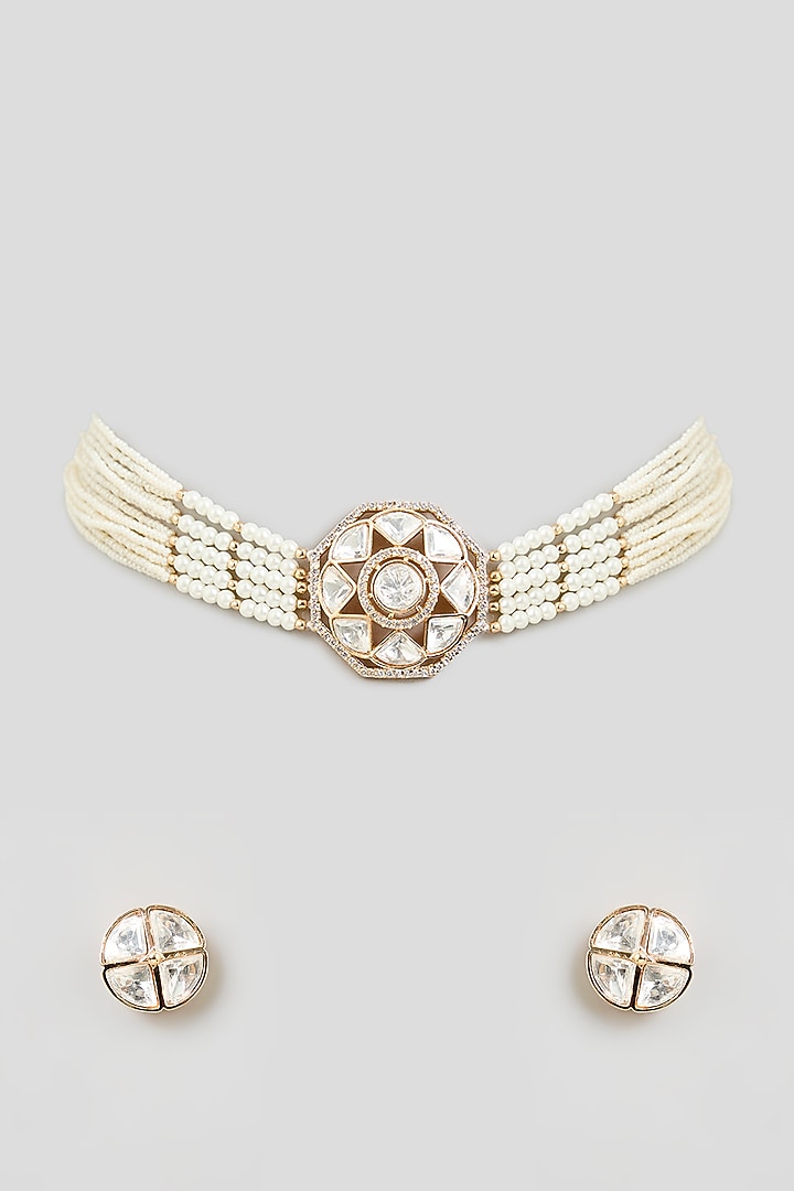 Gold Finish Pearl & Zircon Choker Necklace Set by Aura Trends at Pernia's Pop Up Shop