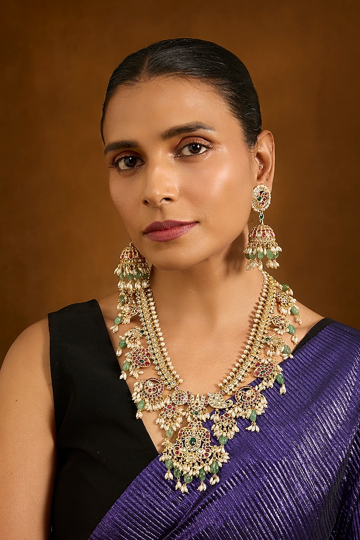 Gold Finish Kundan Polki & Pearl Drop Necklace Set by Auraa Trends at Pernia's Pop Up Shop