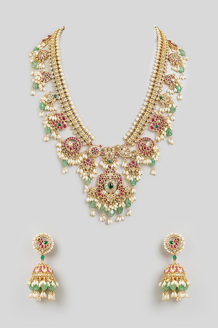 Gold Finish Kundan Polki & Pearl Drop Necklace Set by Aura Trends at Pernia's Pop Up Shop