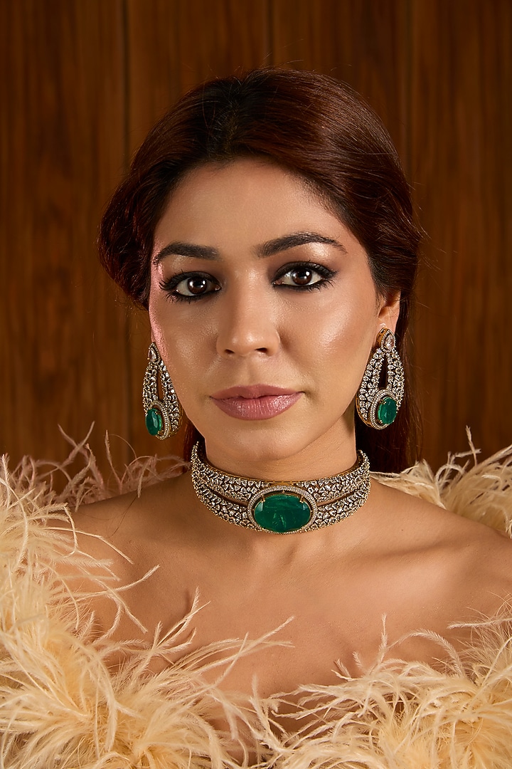 Gold Finish Emerald Green Cubic Zirconia Choker Necklace Set by Auraa Trends at Pernia's Pop Up Shop
