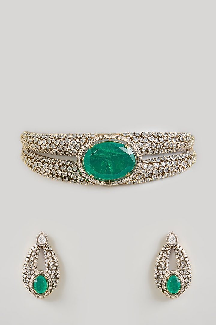 Gold Finish Emerald Green Cubic Zirconia Choker Necklace Set by Aura Trends at Pernia's Pop Up Shop