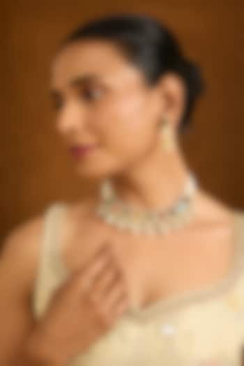 Gold Finish Multi-Colored Stone & Pearl Drop Choker Necklace Set by Auraa Trends at Pernia's Pop Up Shop