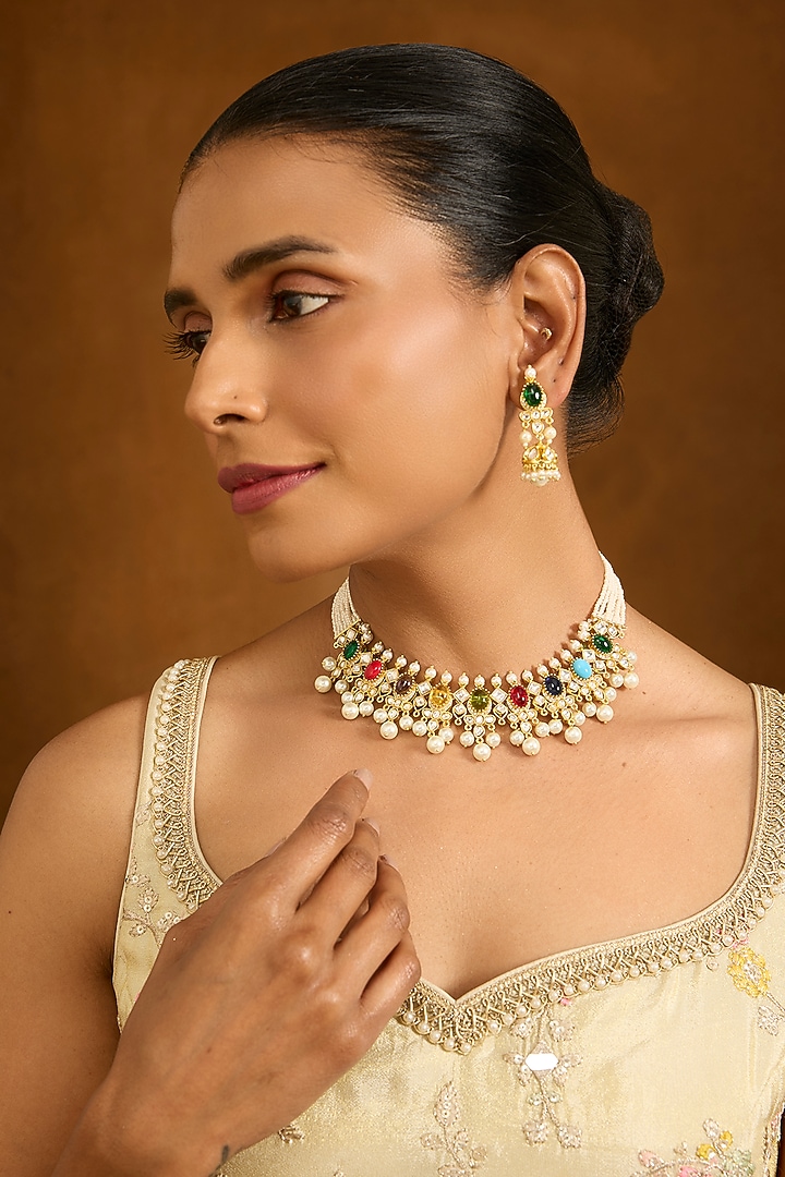 Gold Finish Multi-Colored Stone & Pearl Drop Choker Necklace Set by Auraa Trends at Pernia's Pop Up Shop