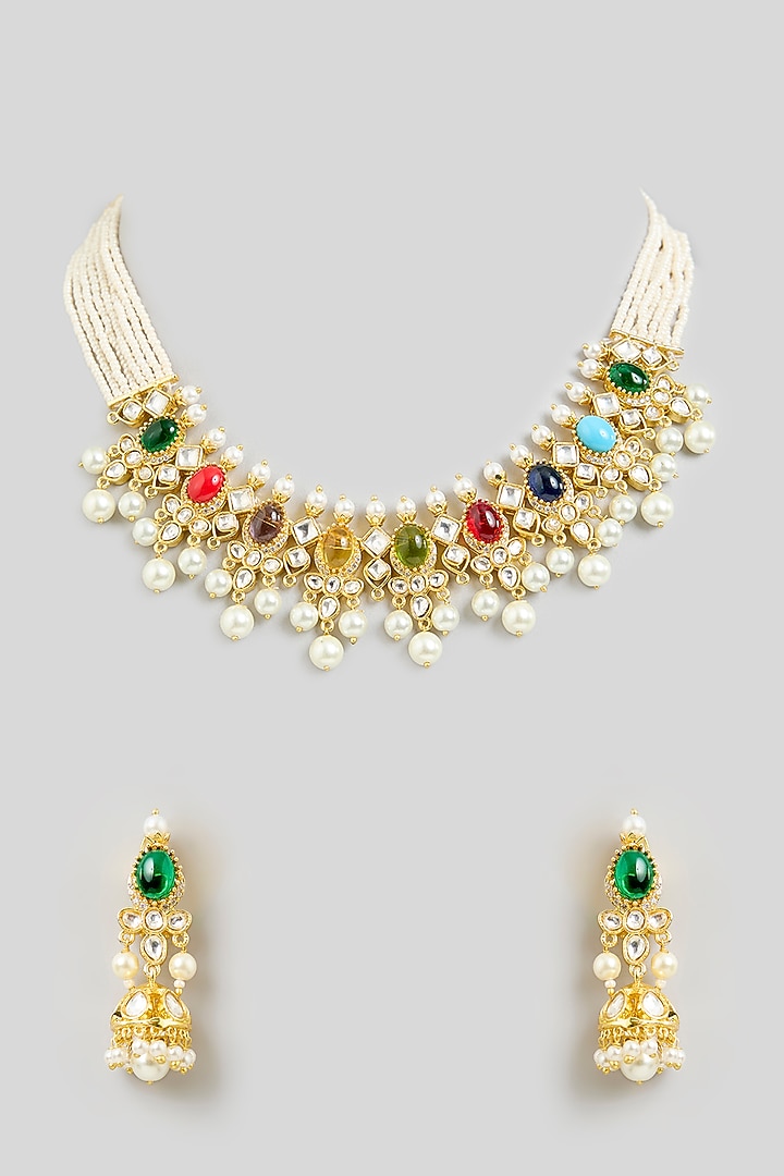 Gold Finish Multi-Colored Stone & Pearl Drop Choker Necklace Set by Aura Trends at Pernia's Pop Up Shop