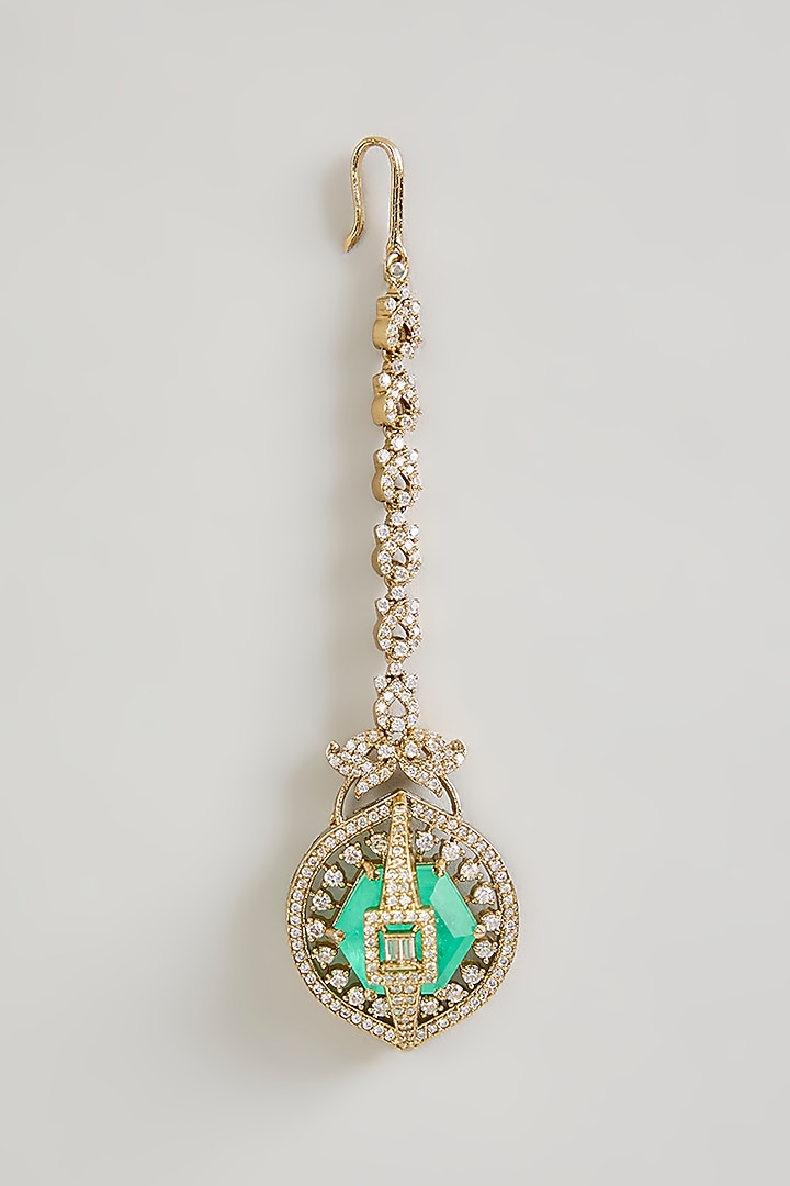 Black Rhodium Finish Green Gemstone Maangtikka by Aura Trends at Pernia's Pop Up Shop