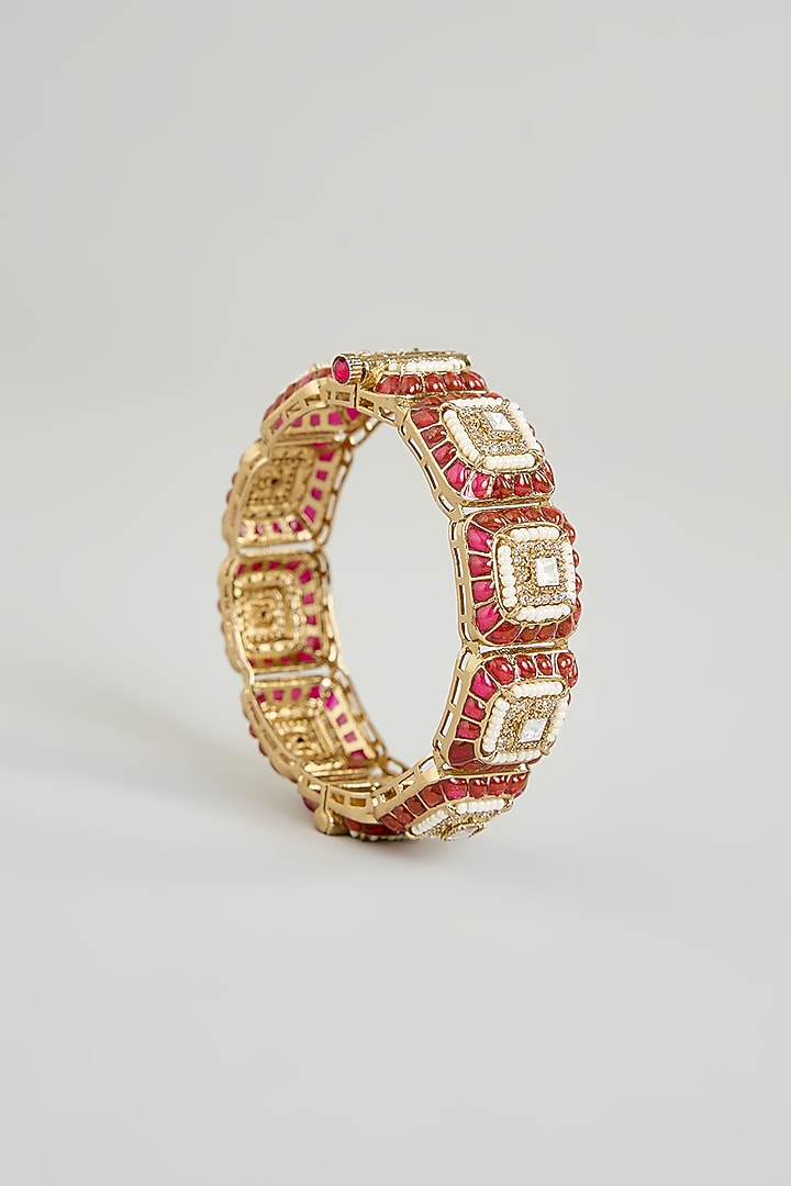 Gold Finish Kundan Polki & Red Gemstone Bangles (Set Of 2) by Aura Trends at Pernia's Pop Up Shop