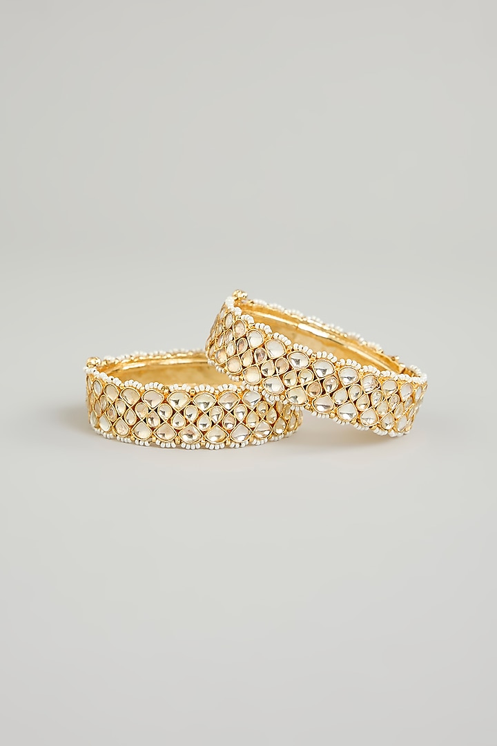 Gold Finish Kundan Polki Bangles (Set Of 2) by Aura Trends at Pernia's Pop Up Shop