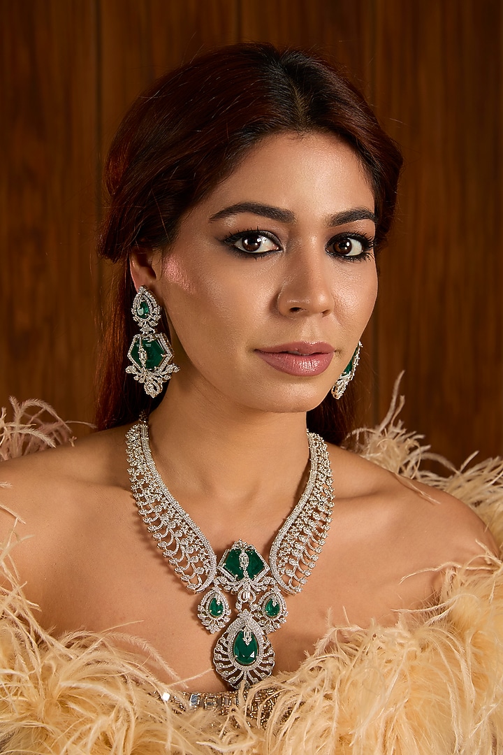 Gold Finish Emerald Green Cubic Zirconia Necklace Set by Auraa Trends at Pernia's Pop Up Shop