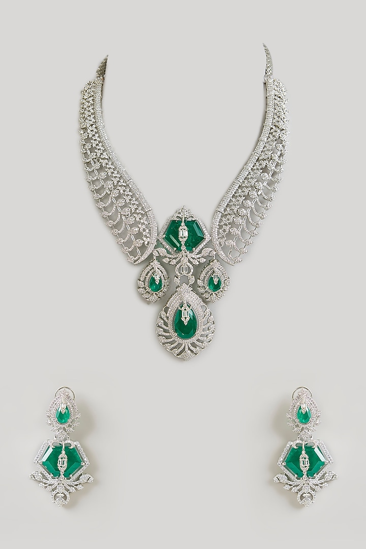Gold Finish Emerald Green Cubic Zirconia Necklace Set by Aura Trends at Pernia's Pop Up Shop