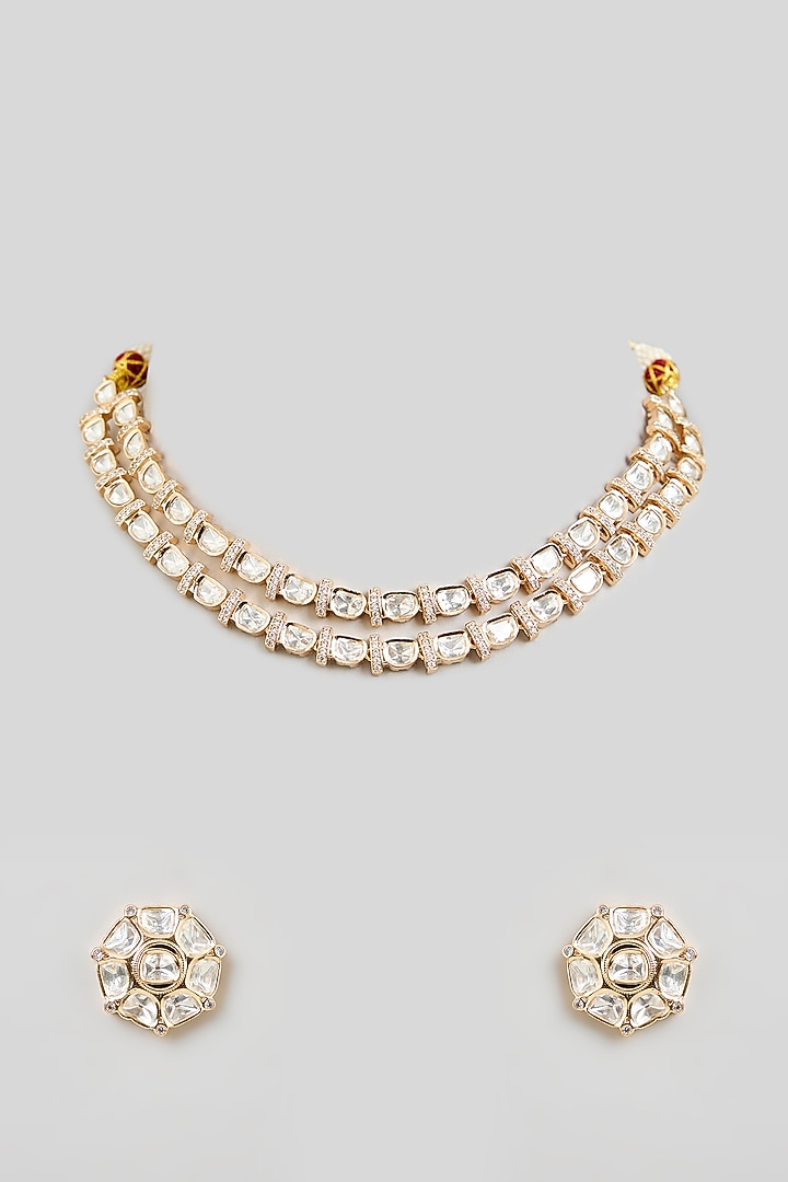 Gold Finish Kundan Polki Choker Necklace Set by Aura Trends at Pernia's Pop Up Shop