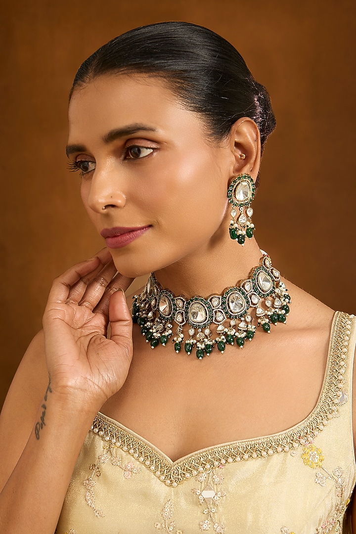 Gold Finish Kundan Polki Choker Necklace Set by Aura Trends at Pernia's Pop Up Shop