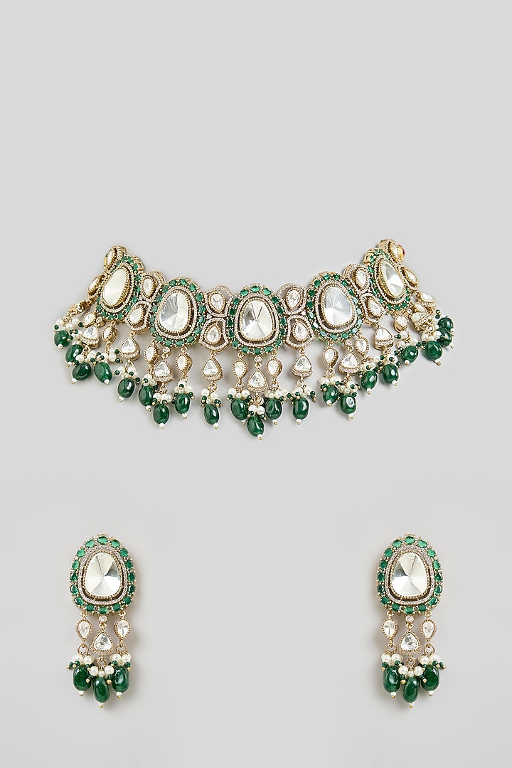 Gold Finish Kundan Polki Choker Necklace Set by Aura Trends at Pernia's Pop Up Shop